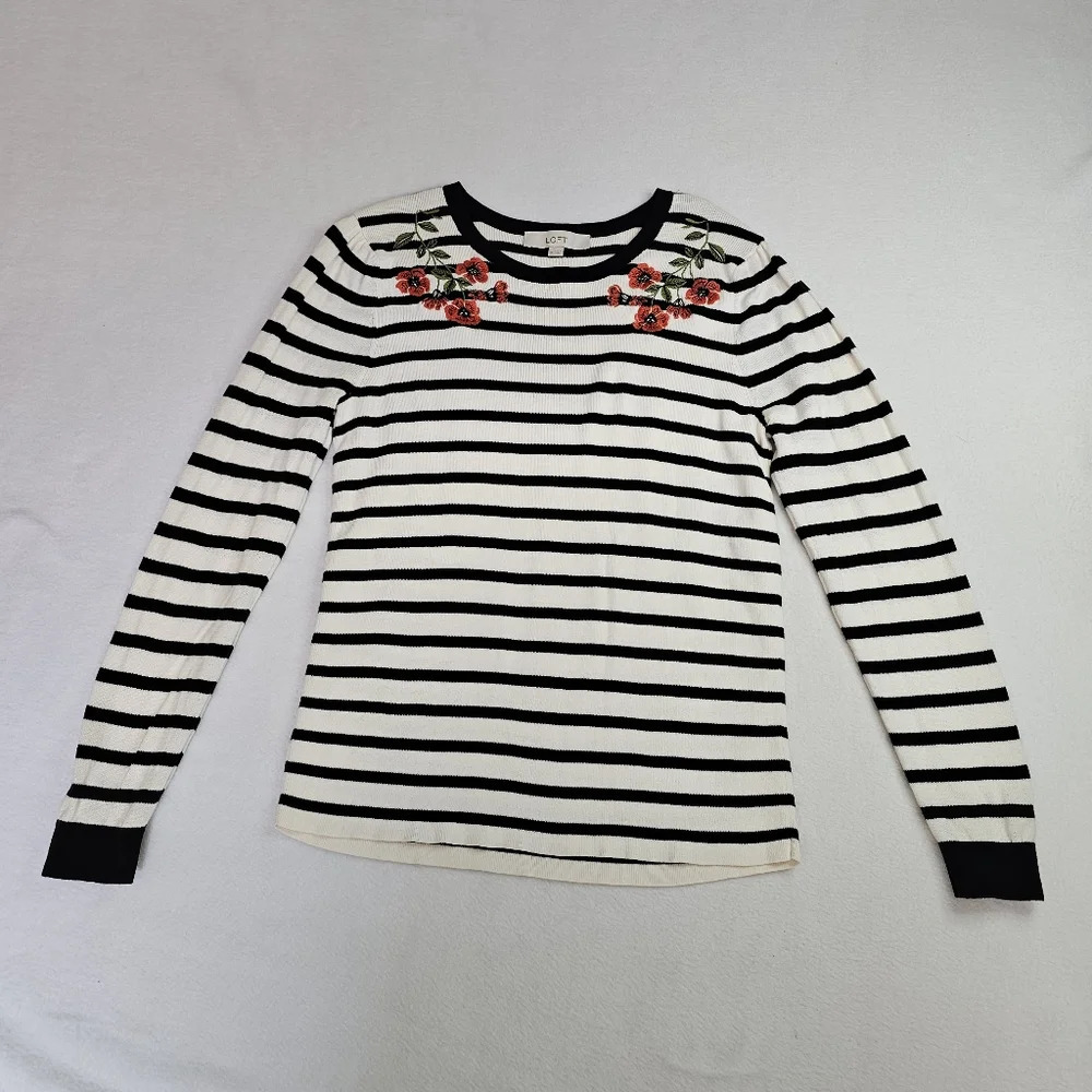 LOFT Striped Floral Embroidered Crew Neck Knit Sweater Black White Orange Size M